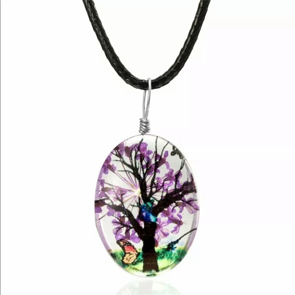 Women Flower Butterfly Glass Leather Necklace